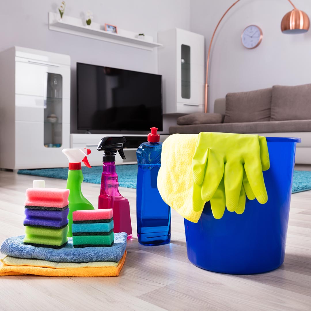 Cleaning supplies on the floor of a living room